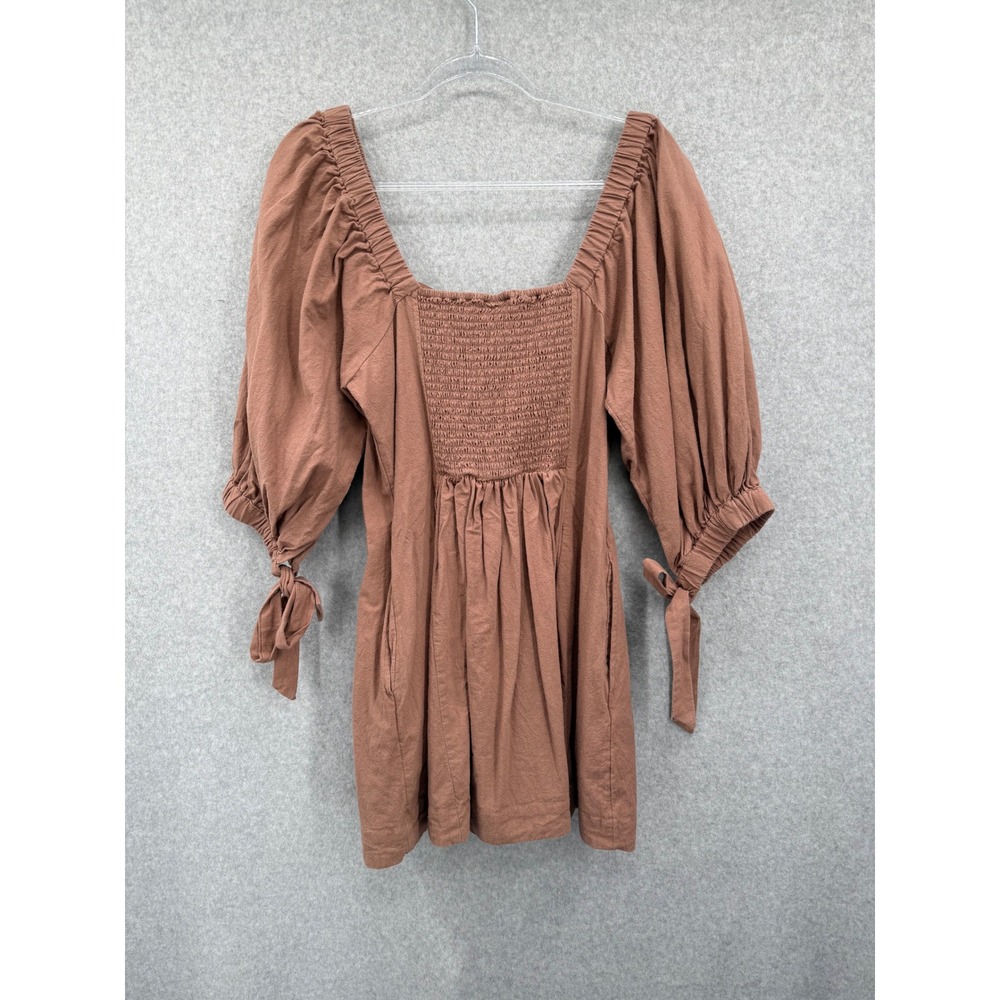 Free People Cerise Mini Dress Women M Brown Boho Puff Sleeve Square Neck Cotton - Picture 3 of 11